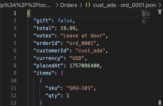 One order open as a JSON document in an editor tab, with nested items, status and tags