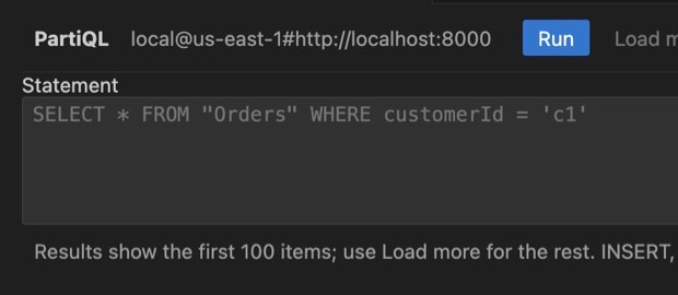 The PartiQL editor with a SELECT statement, a Run button and CSV and JSON export buttons
