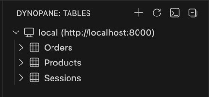 The Dynopane sidebar tree showing a local connection with the Orders, Products and Sessions tables