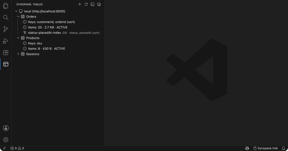 Click a table for a grid, click a row for the item as JSON