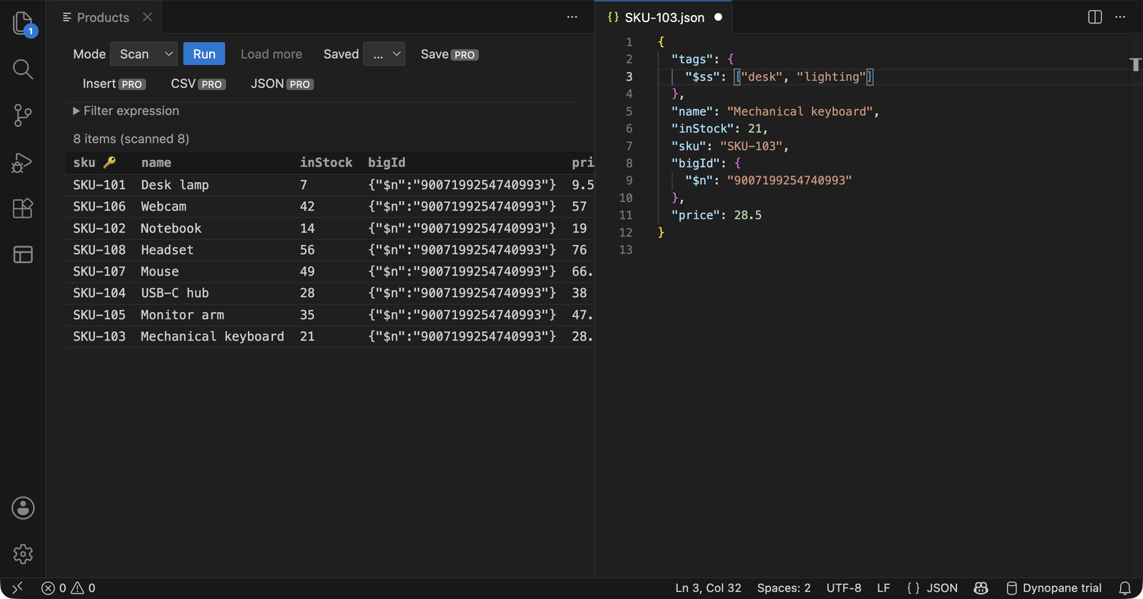 An item open as JSON mid-edit, showing exact-number and string-set wrappers