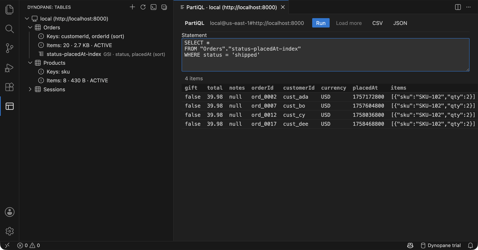 The PartiQL editor with a query against a GSI and its results