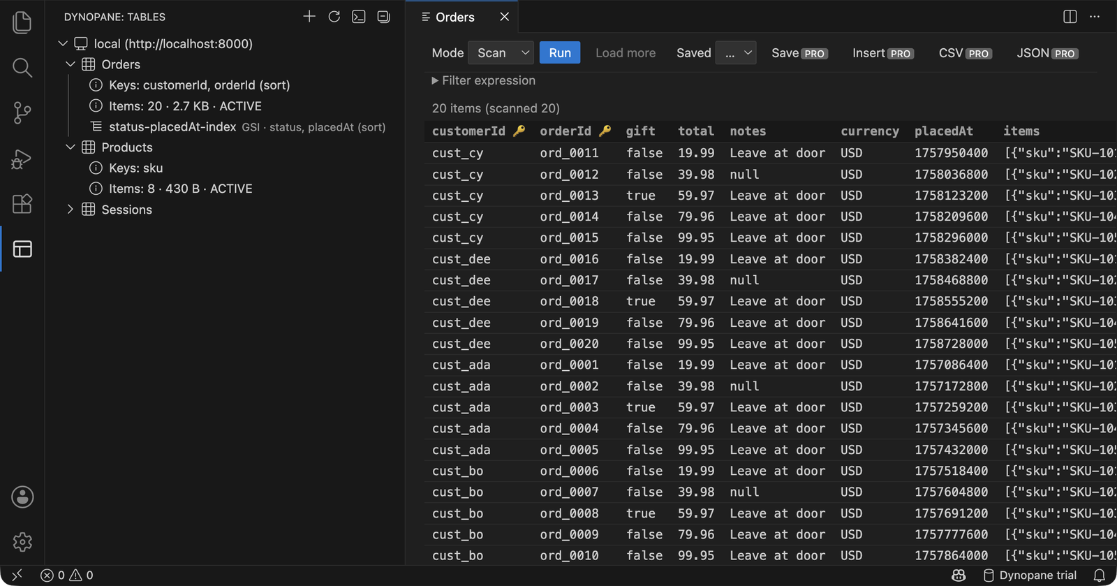 Tables, keys and indexes in the sidebar, with a scan of the Orders table
